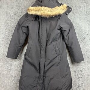 Uniqlo Ultra Warm Down Coat Womens Small Black Faux Fur Trim Hooded Parka Jacket